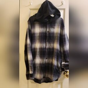PACSUN Mens Plaid Hooded Cotton-blend Long Sleeve Shirt Button Up Size Medium